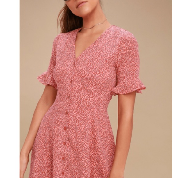 Lulus Castana Rust Red Print Button-Up Dress Sz S - Picture 3 of 9